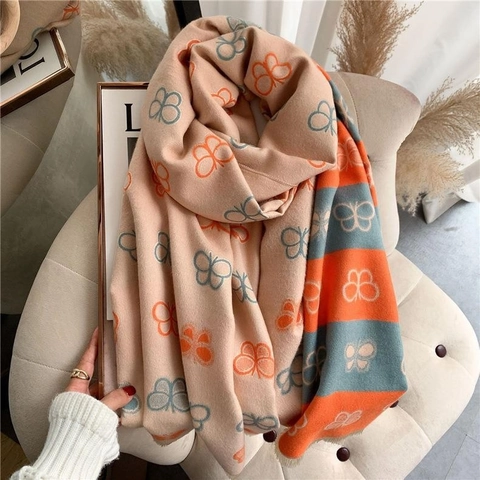 Butterfly Double Sided Scarf Women Thick Warm Imitation Cashmere Shawl Long Fringed Winter Neck Wrap Elegant Large Pashmina