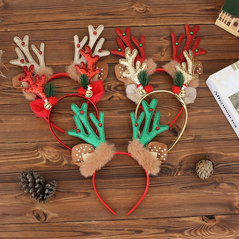 Christmas Reindeer Antler Headband Cute Plush Ears With Bells Glitter Holiday Party Hair Accessories Gift