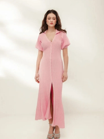 Women Knit Maxi Dress Polyester Acrylic V Neck Puff Short Sleeve Button Front Ribbed Slit Elegant French Style Vacation