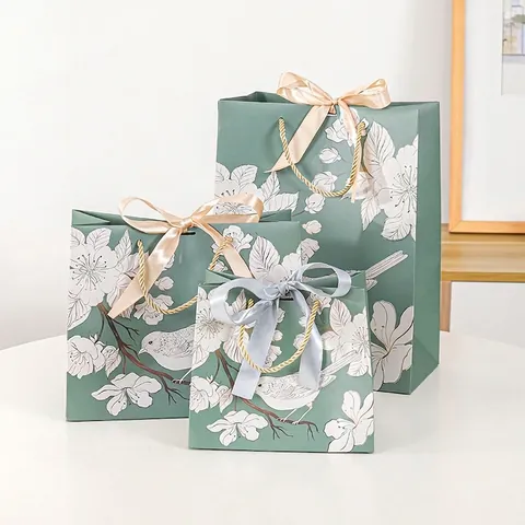 Elegant Green Gift Bag With Flower Bird Pattern White Cardboard Ribbon Bow Handle For Wedding Birthday Party Paper Bag