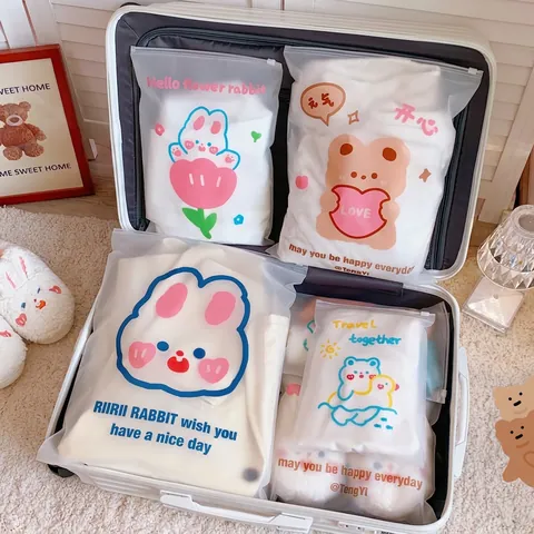 Travel Storage Bags Frosted PE Plastic Waterproof Slider Zipper Seal For Clothing Organizer Cartoon Bear Rabbit Pattern