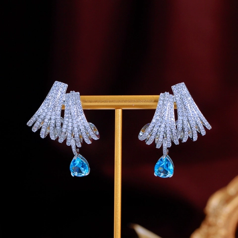 Elegante Westerse Luxe Koperen Blauwe Zirconia Hangende Oorbellen Met 925 Sterling Zilver Stift Voor Vrouwen Bruiloft Sieraden
