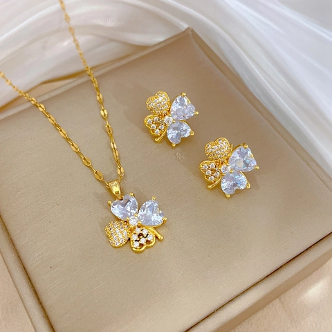 Elegant Heart Four Leaf Clover Necklace And Earrings With Silver Earring Post Copper Zircon Gold Plated Jewelry For Women