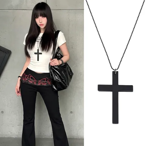 Collar Con Colgante De Cruz Negra Aleación Mate Cadena De Bolas Larga Gótico Punk Y2K Streetwear Joyería Mujeres