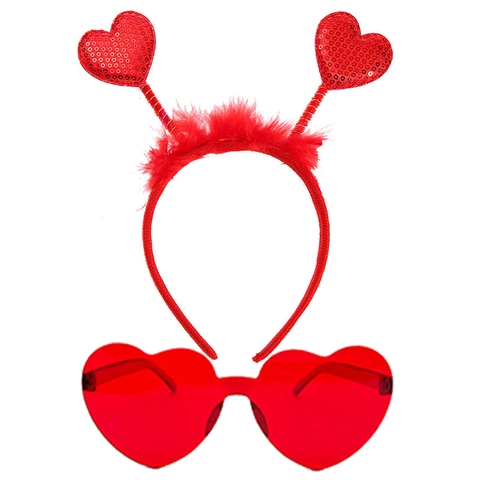 Valentine's Day Red Heart Headband And Heart Shaped Sunglasses Sequin Feather Glitter Party Hair Accessories