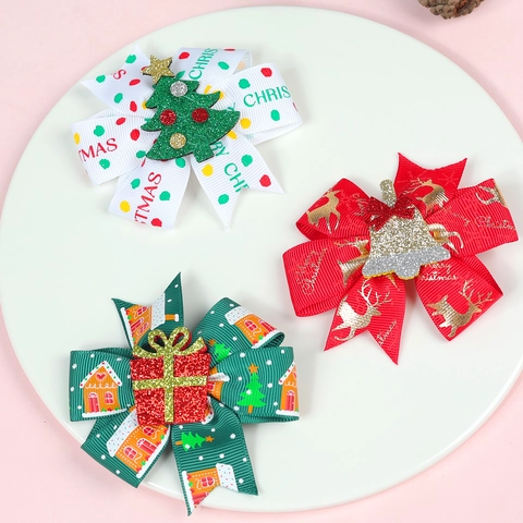 Mollette Per Capelli Fiocco Di Natale Per Bambini Forcine In Nastro Grosgrain Con Babbo Natale Renna Albero In Resina