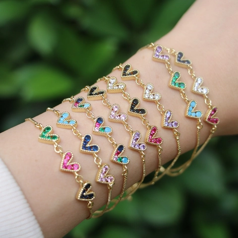 Mode Kupfer Armband Mit Buntem Herz Zirkonia Mikro Inlay Verstellbare Schieberegler Kette Armband Schmuck Für Damen Geschenk