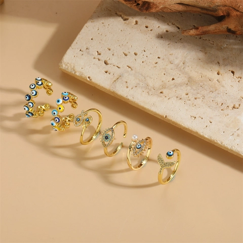 Anillo Abierto Ajustable Mal De Ojo Cobre Circona Cola De Sirena Joyería Bohemia Vintage Para Mujer Tono Dorado
