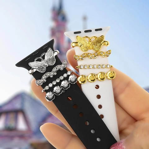 Dijes de Correa de Reloj de Aleación de Diamantes de Imitación de Lujo para Correa de Silicona Apple Watch Lazos Decorativos Accesorios de Joyería de Metal Mujer