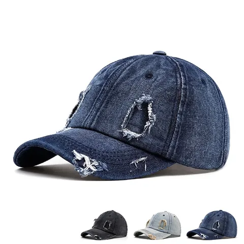 Baseball Cap Distressed Washed Denim Cotton Sun Hat Retro Vintage Ripped Hole Design Adjustable Buckle Outdoor Streetwear Unisex