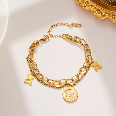Double Layer Titanium Steel Bear Bracelet For Women Gold Plated Chunky Chain Mother Of Pearl Animal Pendant Jewelry