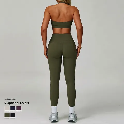 Halter Neck Yoga Bra En Leggings Dames High Waist Butt Lifting Workout Activewear Nylon Spandex Sneldrogend Uitlopende Broek