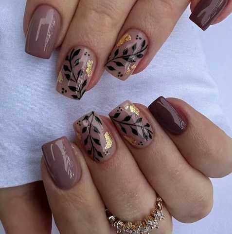 Leaf Pattern Press On Nails Gold Foil Glitter Square Shape Burgundy Nude Pink False Nails For Women Reusable Manicure Art