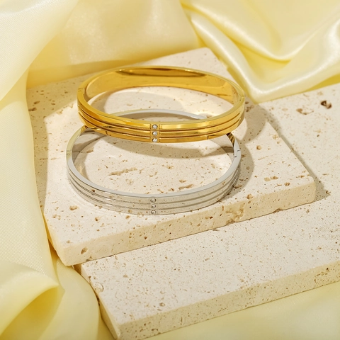 Bracciale Rigido In Acciaio Inossidabile Di Lusso Minimalista Da Donna Con Strass Linee Parallele Gioielli Geometrici