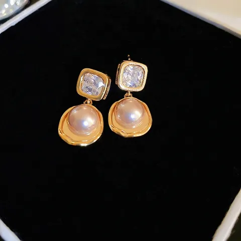 French Style Square Zircon Round Artificial Pearl Drop Earrings With Silver Earring Post Vintage Elegant Jewelry For Women