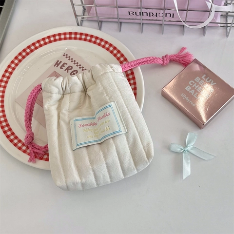 Gewatteerde Opbergtas Met Trekkoord Crèmewit Polyester Draagbare Cosmetische Organizer Reisopbergtas Leuk Accessoire