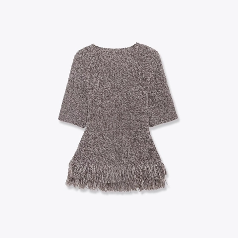 Top De Punto De Manga Corta Para Mujer Poliéster Acrílico Color Mixto Dobladillo Con Flecos Cuello Redondo Pullover
