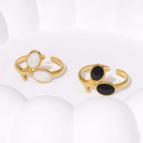 Chic Stainless Steel Open Ring 18K Gold Plated Adjustable Flower Leaf Bud Design With Enamel Inlay Jewelry For Women