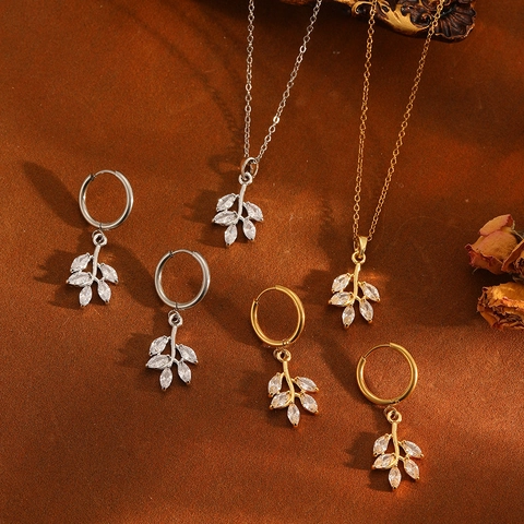 Collier Pendentif Feuille Et Boucles Oreilles Créoles Acier Inoxydable Cuivre Zircone Bijoux Pour Femmes Élégant
