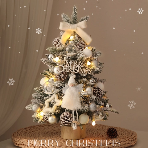 Desktop Mini Christmas Tree With LED Lights Ornaments PVC Wood Base Warm Holiday Home Decoration