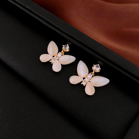 Pendientes De Mariposa Cobre Chapado En Oro Imitación Ojo De Gato Circonita Silver Earring Post Elegante Dulce Mujer