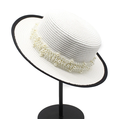 Cappello Boater Vintage Da Donna In Paglia A Tesa Piatta Protezione Solare Con Decorazione Di Künstliche Perle E Bordo Contrastato