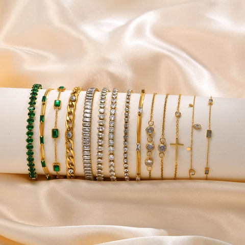 Bracciale In Acciaio Inossidabile Per Donna Con Zircone Smeraldo Croce Placcato Oro Regolabile Catena Di Serpente Gioielli