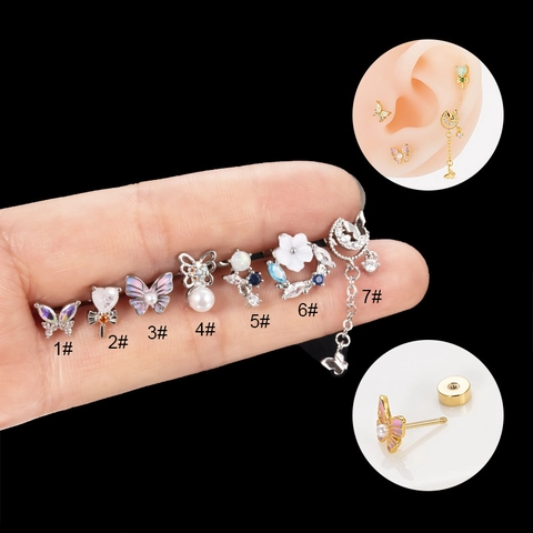 Vlinder Bloem Helix Oorkraakbeen Studs Roestvrijstalen Staaf Koper Zirconia Schroefsluiting Koreaanse Mode Sieraden Voor Vrouwen
