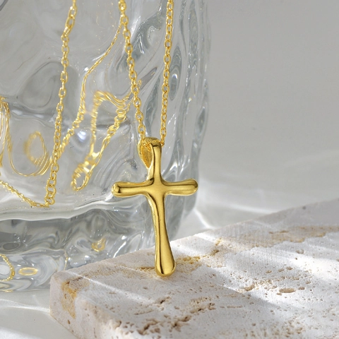 S925 Sterling Silver Irregular Lava Texture Cross Pendant Necklace For Women 18K Gold Plated Liquid Metal Style Fashion Jewelry