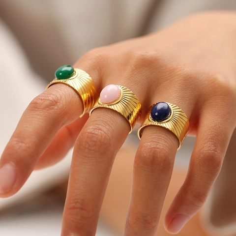 Vintage 18K Gold Plated Stainless Steel Wide Band Open Ring With Oval Natural Stone Sunburst Texture For Women