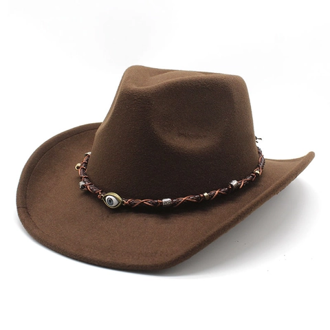 Sombrero De Vaquero Occidental Ala Ancha Fieltro Algodón Poliéster Fedora Con Banda Trenzada Evil Eye Estilo Boho