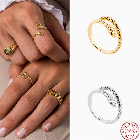 S925 Sterling Silver Snake Ring For Women Adjustable Open Finger Ring Fashion Trendy Animal Jewelry Gold Silver Color Accessory