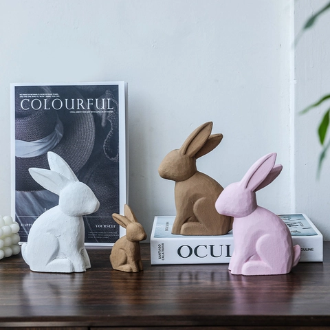 Wood Rabbit Figurine Minimalist Morandi Color Bunny Ornament Modern Nordic Desktop Sculpture Home Office Shelf Decor