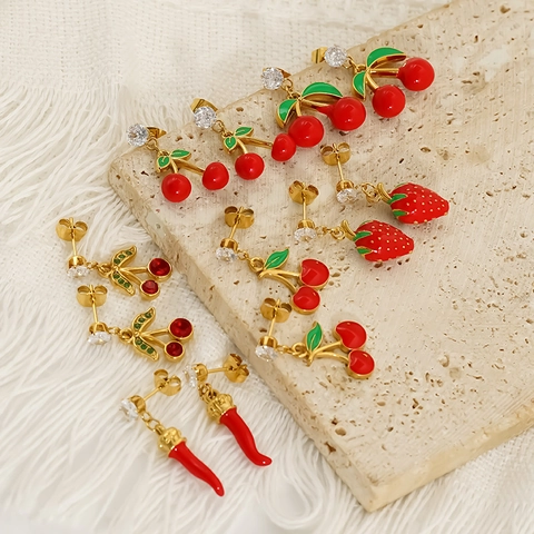 Fruit Drop Earrings 304 Stainless Steel 18k Gold Plated Zircon Enamel Cherry Strawberry Chili Waterproof Women Jewelry