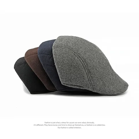 Men Flat Cap Retro British Style Woolen Ivy Beret Hat Warm Winter Solid Color Vintage Driving Hunting For Adult