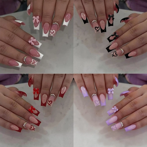 Unghie Finte French Press On Con Fiocchi 3D E Cuori Strass ABS Unghie A Bara Lunghe Per Donne Manicure Elegante