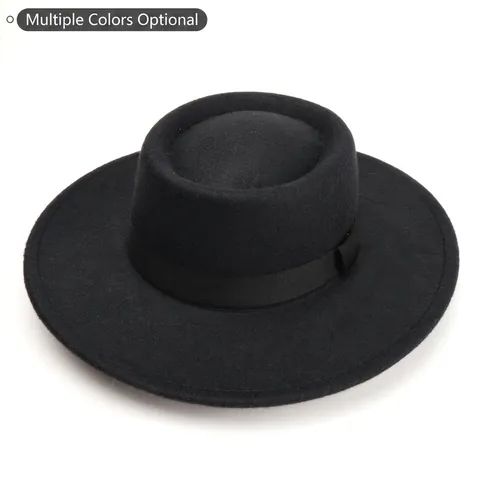 Boater Hat Wide Brim Flat Top Fedora Retro British Jazz Style Polyester Felt Solid Color Men Women Classic Formal Headwear