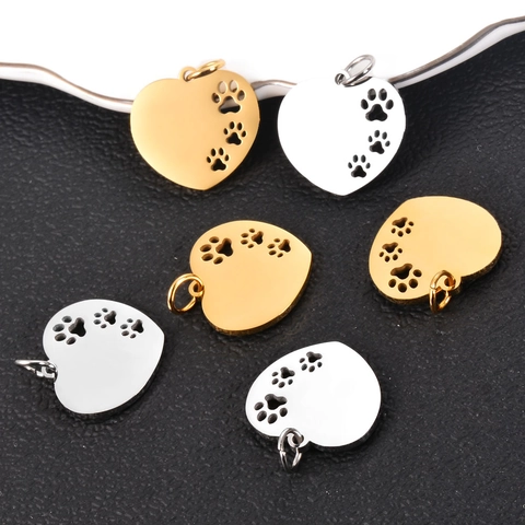 Pendente Cuore Cavo Zampa Di Cane Acciaio Inossidabile Charm Lucido Per Creazione Gioielli DIY Con Anellino