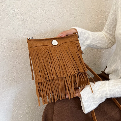 Women Faux Suede PU Leather Tassel Crossbody Bag Vintage Bohemian Fringe Shoulder Pouch Small Square Messenger Handbag