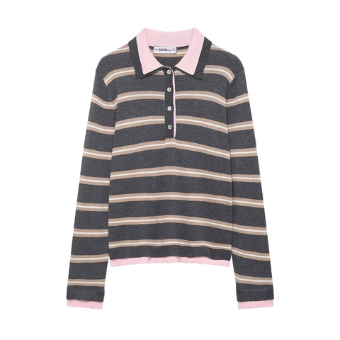 Jersey Polo De Punto A Rayas Para Mujer Manga Larga Cuello Contrastado Con Botones Ajustado Top Casual