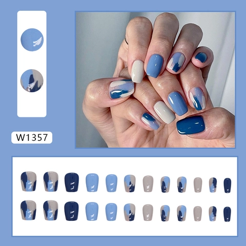 Uñas Postizas Cortas Cuadradas Redondas Azul Graffiti Estilo Pintura Al Óleo Brillante ABS Uñas Artificiales Para Mujeres