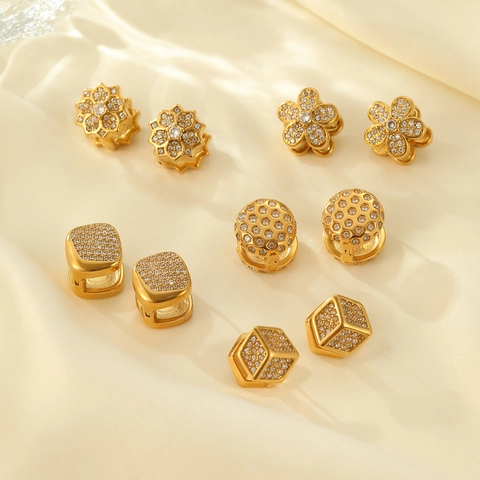Luxury Stainless Steel Rhinestone Stud Earrings For Women Korean Style Gold Plated Geometric Flower Cube Round Earring Jewelry