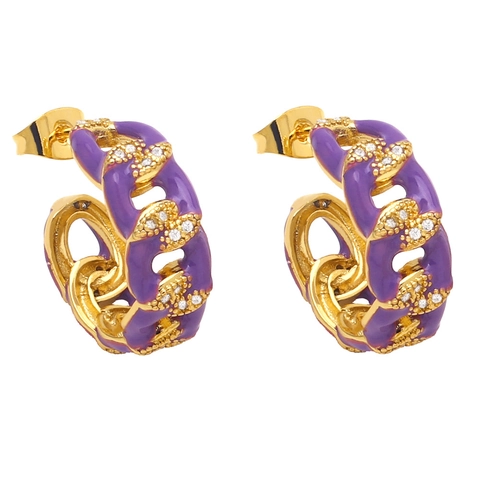 C Shaped Hoop Earrings Copper 18K Gold Plated Enamel Zircon Geometric Chain Link Colorful Retro Jewelry For Women