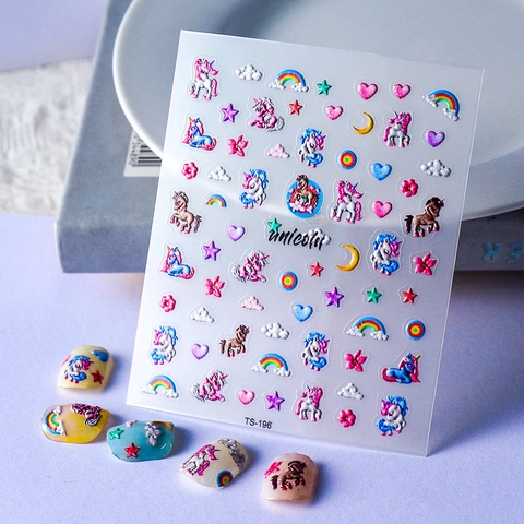 Adesivi Per Unghie Unicorno 5D Rilievo Carino Cartone Animato Arcobaleno Autoadesivo Impermeabile DIY Decorazione Manicure