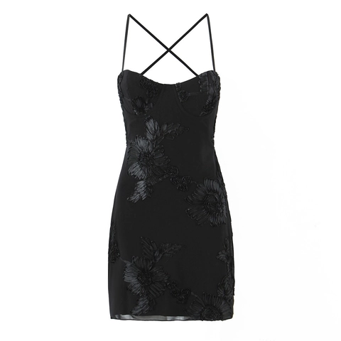 Vestito Donna Sexy Schiena Scoperta Allacciatura Bodycon Mini 3D Ricamo Floreale Spalline Sottili Festa Slim Fit