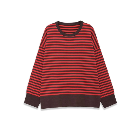 Gestreifter Damen Strickpullover Polyester Acryl Rundhalsausschnitt Langarm Oversized Lockerer Freizeit Pullover