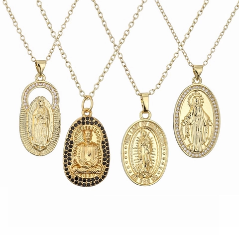 Religieuze Hanger Ketting Koper Met Zirkoon Strass Ovaal Medaillon Heilig Figuur Sieraden Voor Dames En Heren