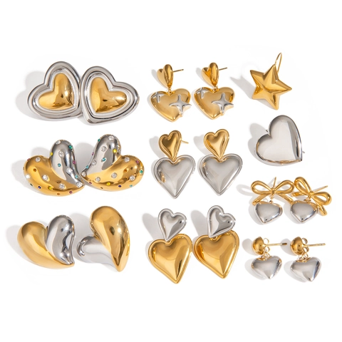 Fashion Stainless Steel Heart Earrings For Women Mixed Gold Silver Color Geometric Star Bow-Knot Design Elegant Trendy Accessory
