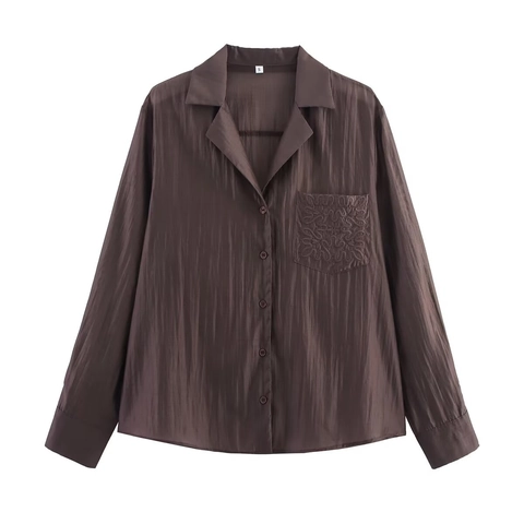 Women Long Sleeve Blouse Polyester Woven Textured Shirt Lapel Collar Embroidered Pocket Button Up Casual Top