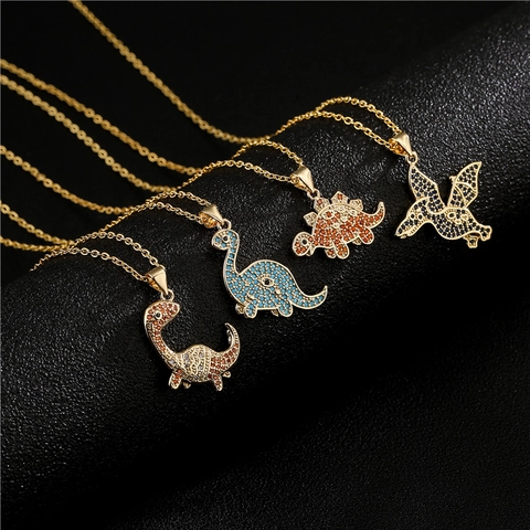 Dinosaur Pendant Necklace Gold Plated Copper Micro Pave Zircon Iced Out Hip Hop Cartoon Jewelry For Women Men